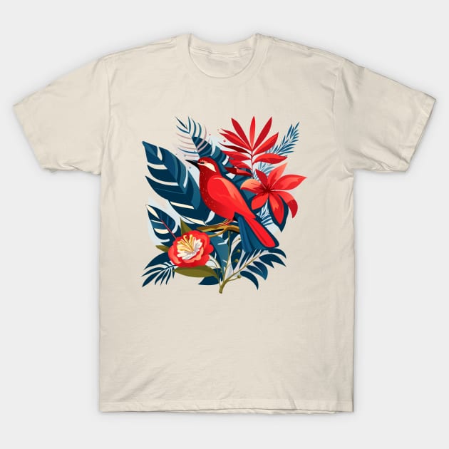 Red bird and exotic flowers Christmas decoration floral Boho chic design T-Shirt by sofiartmedia